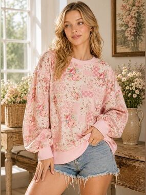 Floral Patchwork Pink Crewneck Sweatshirt